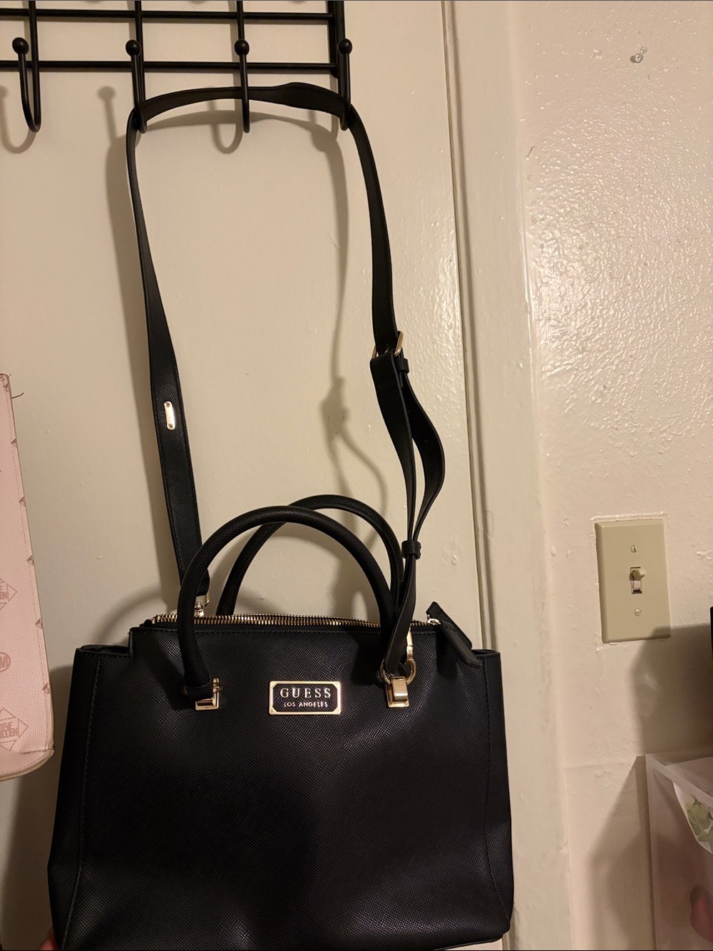GUESS Black Structured Satchel with Gold Accents